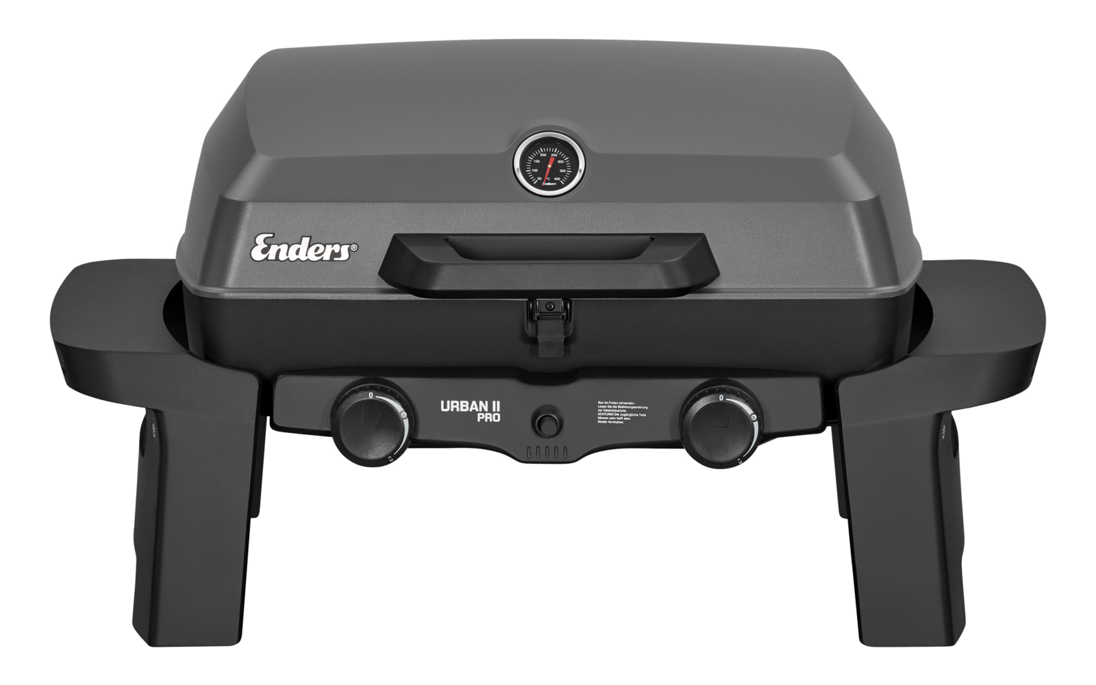 Gray grill with closed lid and temperature gauge on the lid, Enders logo on the front, two control knobs and two legs