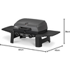 Gray grill with closed lid, thermometer in center of lid, two control knobs on front, two side shelves, two support legs, dimensions 94 cm x 42 cm x 36 cm; 'Enders' text visible