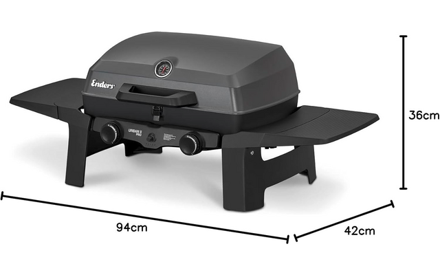 Gray grill with closed lid, thermometer in center of lid, two control knobs on front, two side shelves, two support legs, dimensions 94 cm x 42 cm x 36 cm; 'Enders' text visible