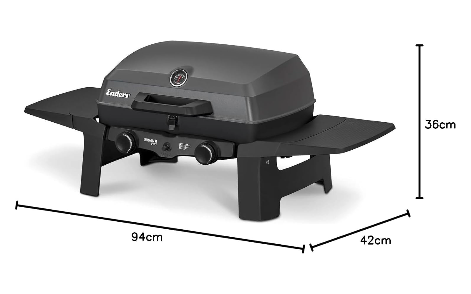 Gray grill with closed lid, thermometer in center of lid, two control knobs on front, two side shelves, two support legs, dimensions 94 cm x 42 cm x 36 cm; 'Enders' text visible