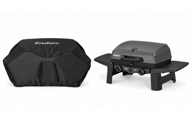 On the right a grill with closed lid, on the left a black protective cover with Enders logo on a white background