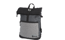 Backpack in gray and black tones with shoulder straps and top closure