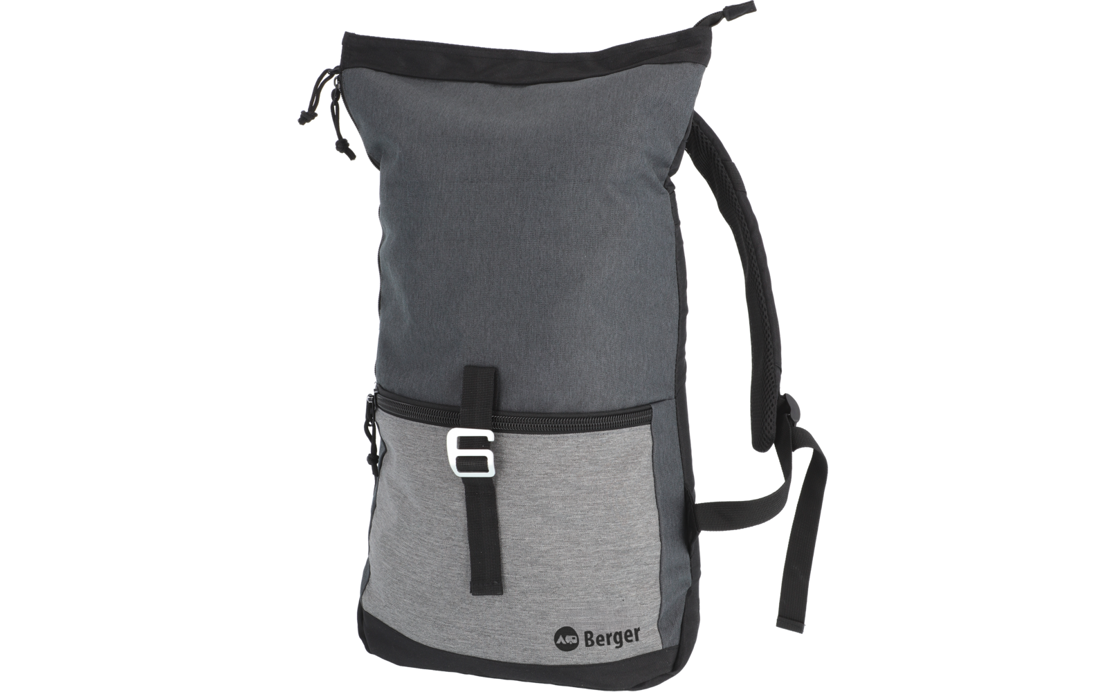 Rucksack in den Farben Grau und Schwarz mit einer kleinen weißen Logozeichnung vorne