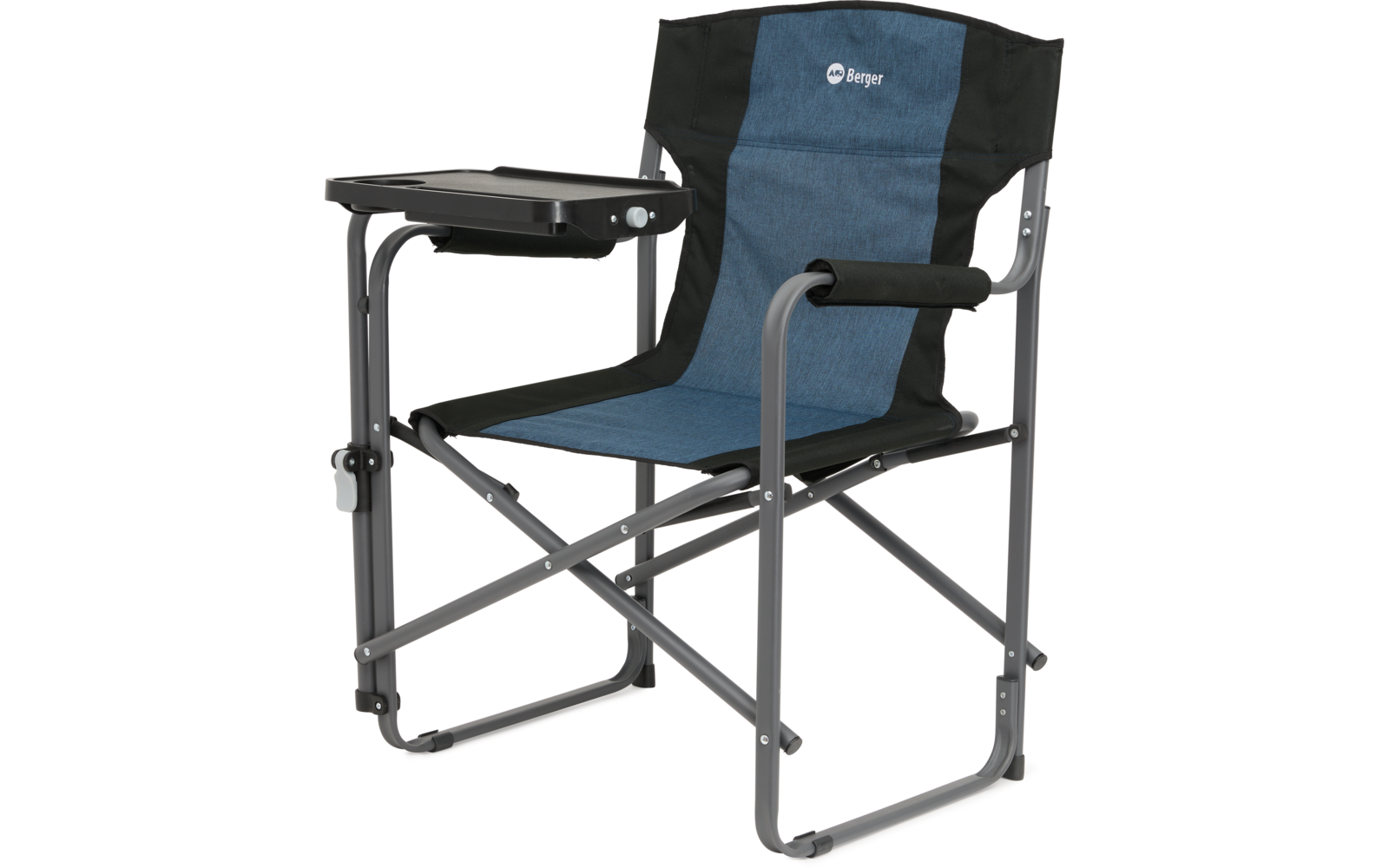 Faltbarer Campingstuhl mit eingebautem Tisch auf der linken Seite