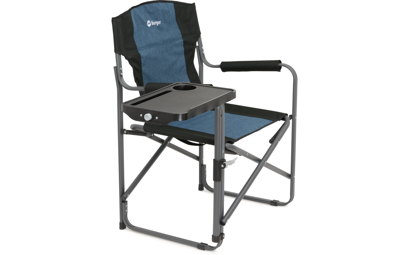 Klappstuhl mit Metallrahmen, schwarzer Sitzfläche und blauer Rückenlehne