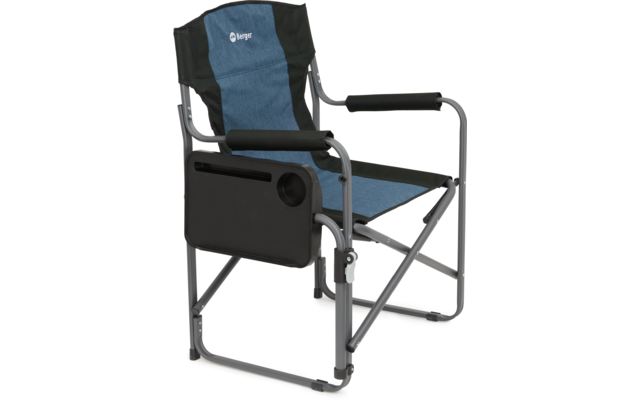 Klappstuhl mit blauem Sitz und schwarzem Gestell