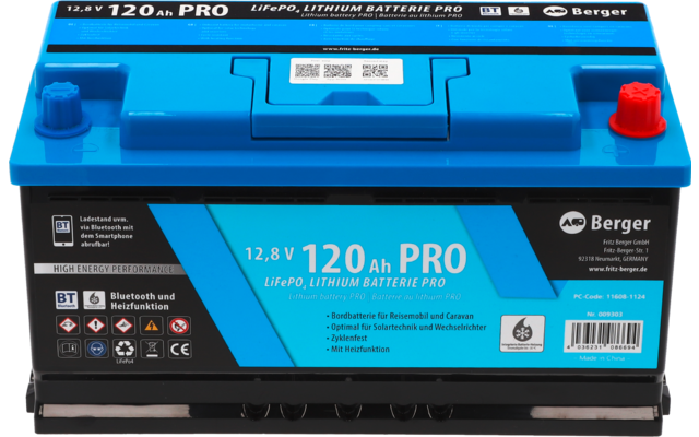 Blauwe autobil accu met opschrift 120 Pro