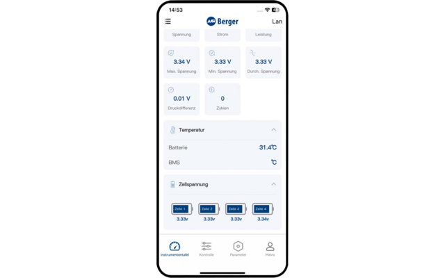Écran de smartphone affichant l'interface d'une application 'Berger' avec logo et menu ; cartes de mesures avec tensions 3.34 V, 3.33 V, 3.33 V ; différence de pression 0.01 V ; cycles 0 ; affichage température Batterie 31.4 °C ; section 'Tension cellule' avec quatre cellules à 3.33 V chacune ; navigation inférieure avec quatre icônes et libellés