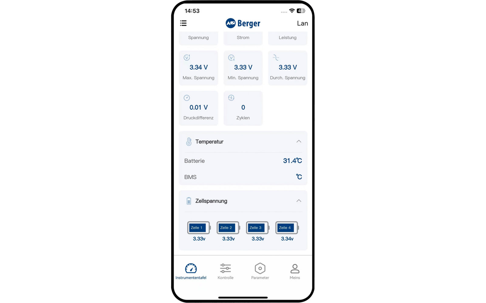 Écran de smartphone affichant l'interface d'une application 'Berger' avec logo et menu ; cartes de mesures avec tensions 3.34 V, 3.33 V, 3.33 V ; différence de pression 0.01 V ; cycles 0 ; affichage température Batterie 31.4 °C ; section 'Tension cellule' avec quatre cellules à 3.33 V chacune ; navigation inférieure avec quatre icônes et libellés