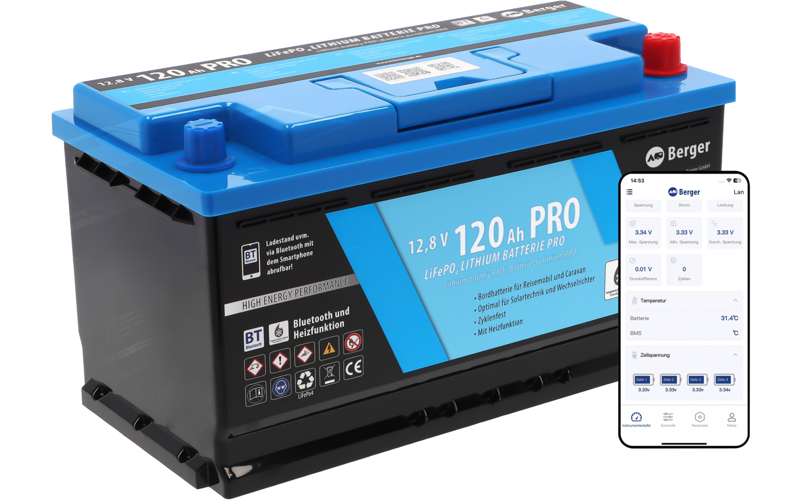 Batterie de voiture noire et bleue avec un smartphone à côté affichant une application d'informations sur la batterie