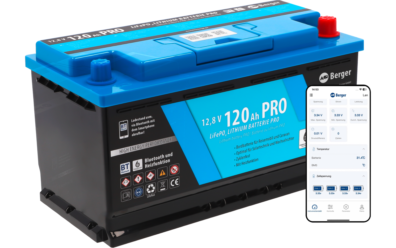 Auto-Batterie in Schwarz und Blau mit einem Smartphone daneben, das eine App zur Anzeige von Batterieinformationen zeigt