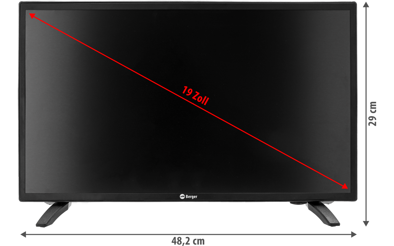 Écran plat noir avec cadre noir sur deux pieds en V ; ligne de mesure diagonale rouge sur l'écran avec l'inscription « 19 Zoll » ; lignes de mesure fléchées grises à droite et en bas ; petit logo blanc centré sur la bordure inférieure ; fond blanc