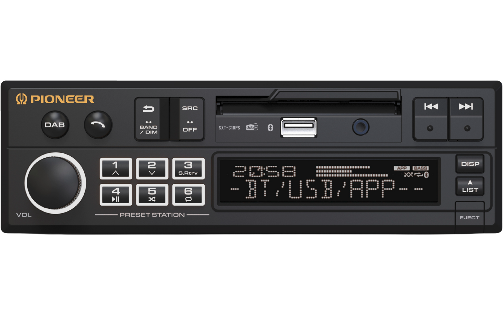 Schwarzes Pioneer-Autoradio mit großer Drehknopf links, Tastenfeld, USB-Anschluss oben und Display mit Anzeige 'BT/USB/APP'