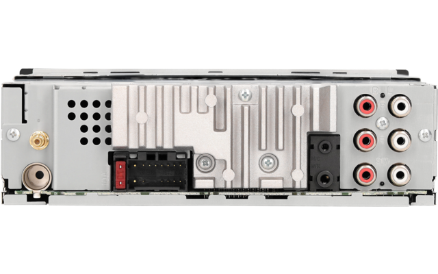 Rückansicht eines elektronischen Geräts mit Metallgehäuse, Kühlrippen, Lüftungsöffnungen, Schrauben, mehreren Steckverbindern und roten/weißen Cinch-Buchsen