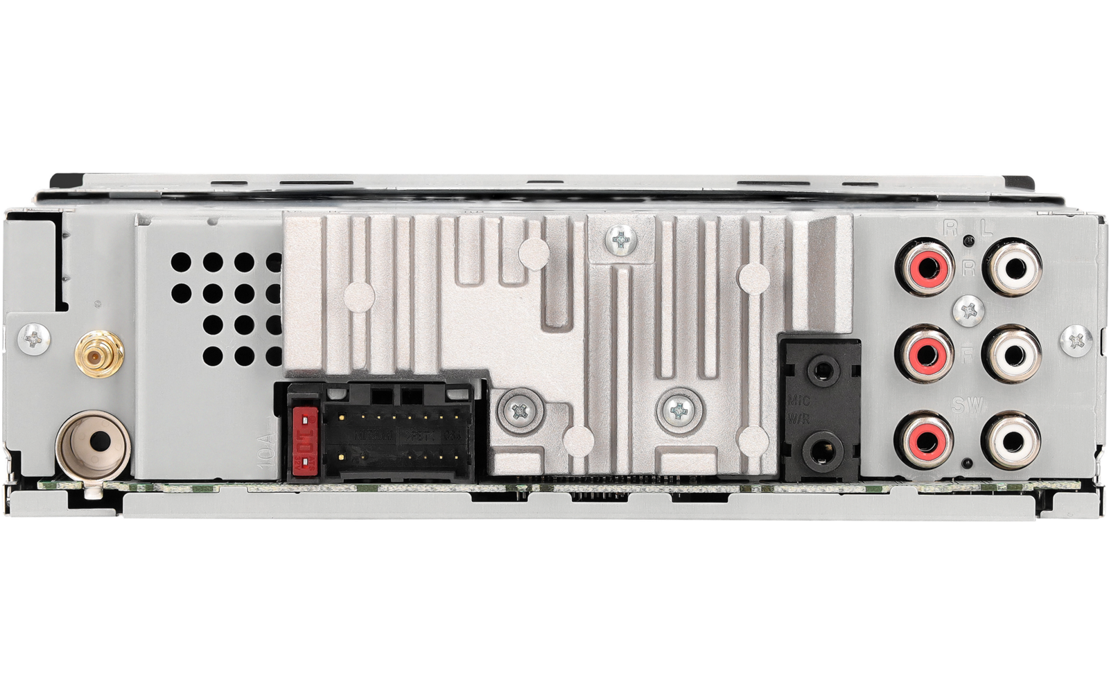 Rückansicht eines elektronischen Geräts mit Metallgehäuse, Kühlrippen, Lüftungsöffnungen, Schrauben, mehreren Steckverbindern und roten/weißen Cinch-Buchsen