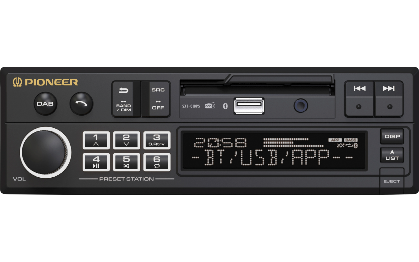 Zwarte Pioneer-autostereo met grote volumeknop links, knoppenpaneel, USB-poort bovenaan en display met 'BT/USB/APP'