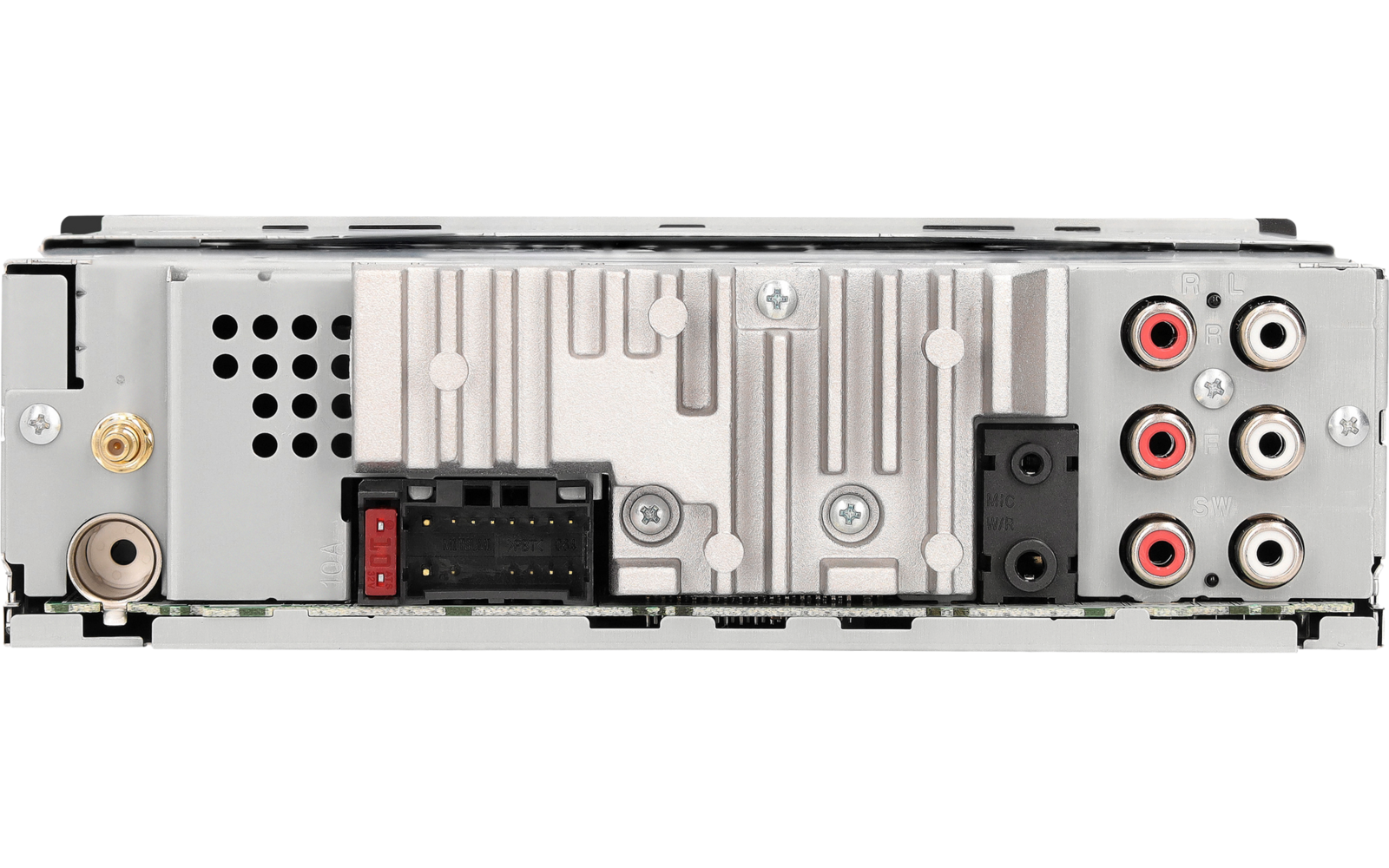 Achterkant van een elektronisch apparaat met metalen behuizing, koelribben, ventilatieopeningen, schroeven, meerdere connectoren en rode/witte RCA-aansluitingen