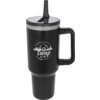 Black travel mug with handle, lid with vertical straw, and white "camp life" logo featuring mountains and a cabin