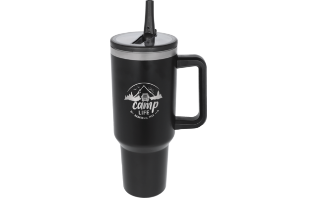 Black travel mug with handle, lid with vertical straw, and white "camp life" logo featuring mountains and a cabin