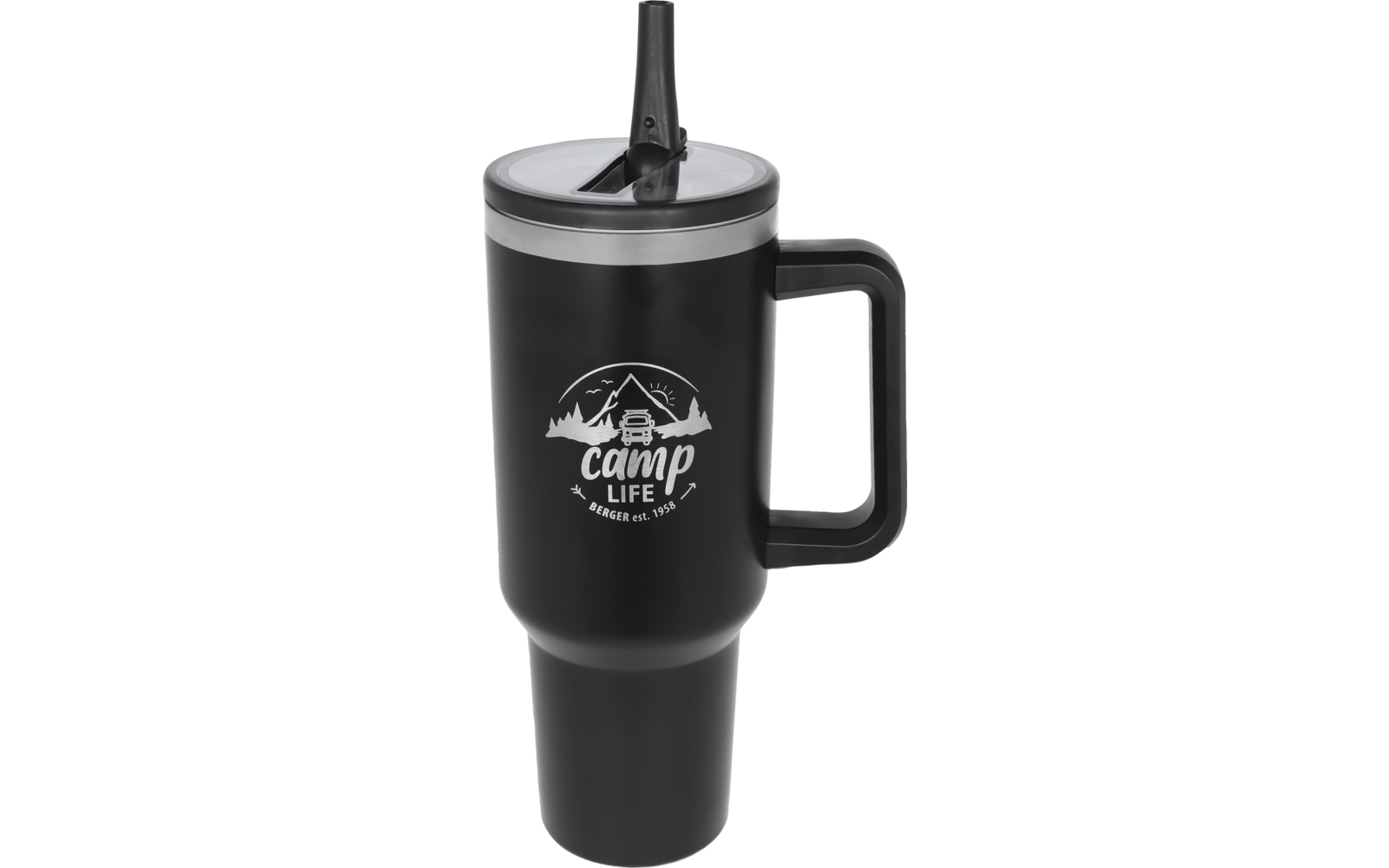 Black travel mug with handle, lid with vertical straw, and white "camp life" logo featuring mountains and a cabin