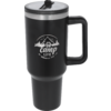 Black travel mug with handle and silver lid, white graphic of mountains, a camper vehicle and the text 'camp life'