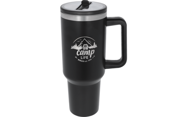 Black travel mug with handle and silver lid, white graphic of mountains, a camper vehicle and the text 'camp life'