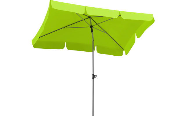Grüner Sonnenschirm mit schwarzem Mast und Metallstreben auf weißem Hintergrund