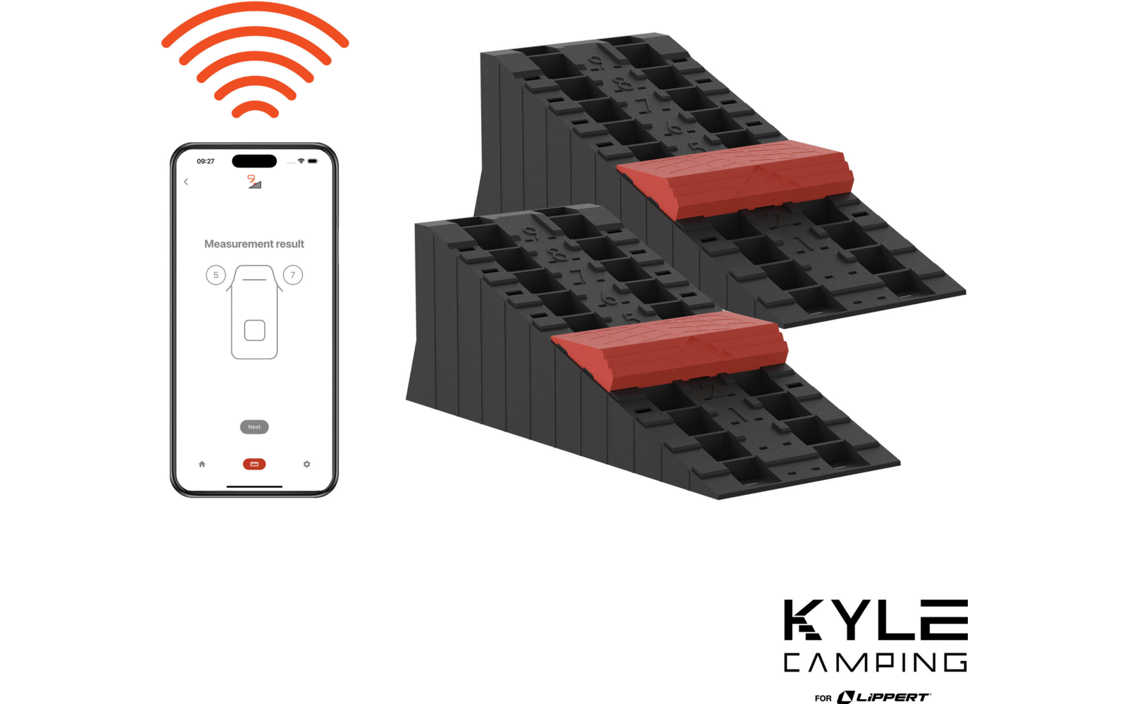 Deux rampes noires pour véhicule avec butées rouges, un smartphone affichant un résultat de mesure, des arcs de signal sans fil orange, logo de la marque en bas à droite