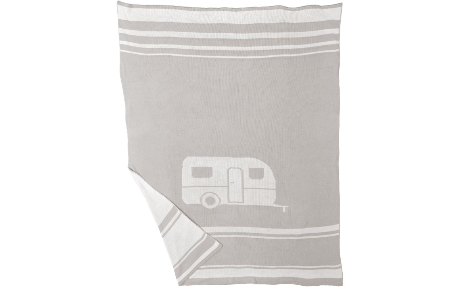 Lichtgrijs deken met twee witte horizontale strepen boven en onder, een caravanpictogram in het midden, linksonder omgeslagen hoek