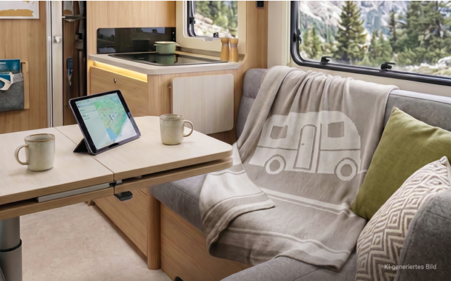 Interieur van een camper: eettafel met tablet met kaartweergave, twee mokken; kitchenette; zitplaats met deken met camperpictogram en twee kussens; raam met uitzicht op bos en bergen