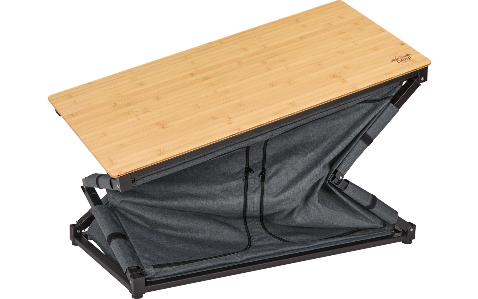 Höhenverstellbarer Tisch mit Holzplatte und schwarzem Gestell