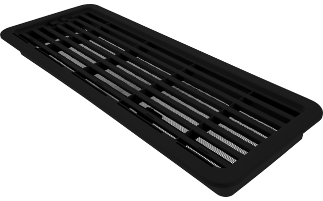 Schwarzes, rechteckiges Gitter mit parallelen horizontalen Lamellen auf weißem Hintergrund