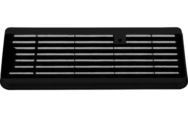 Schwarzes rechteckiges Objekt mit horizontalen Lamellen, schmalem Rand, kleinem rechteckigen Element oben und sichtbaren Schrauben an der Unterkante