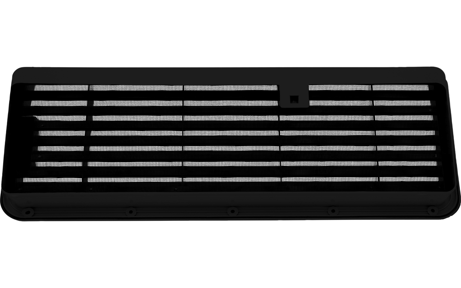 Schwarzes rechteckiges Objekt mit horizontalen Lamellen, schmalem Rand, kleinem rechteckigen Element oben und sichtbaren Schrauben an der Unterkante