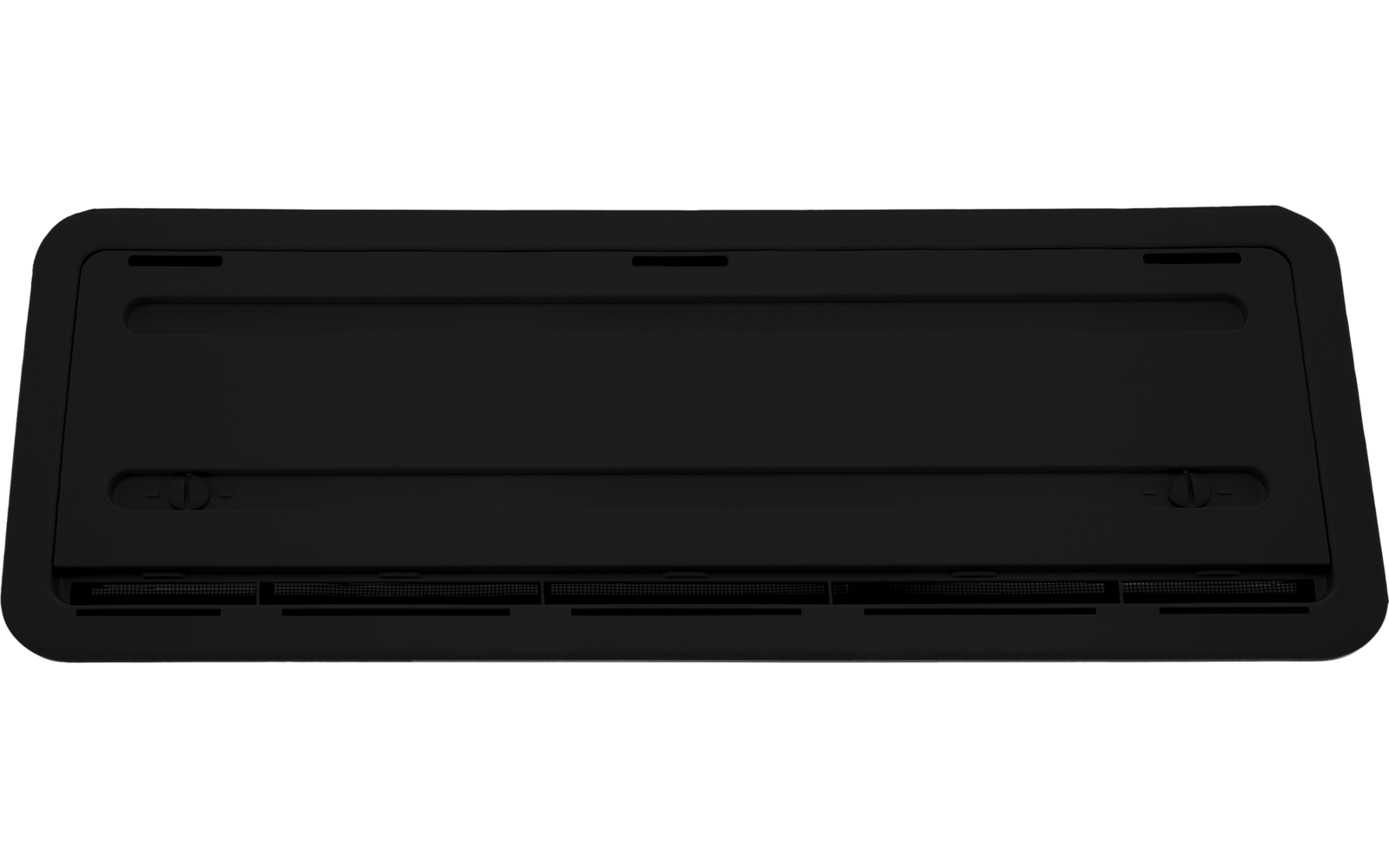 Schwarzes, flaches, rechteckiges Kunststoffteil mit abgerundeten Ecken, mehreren länglichen Schlitzen und sichtbaren Befestigungsvertiefungen