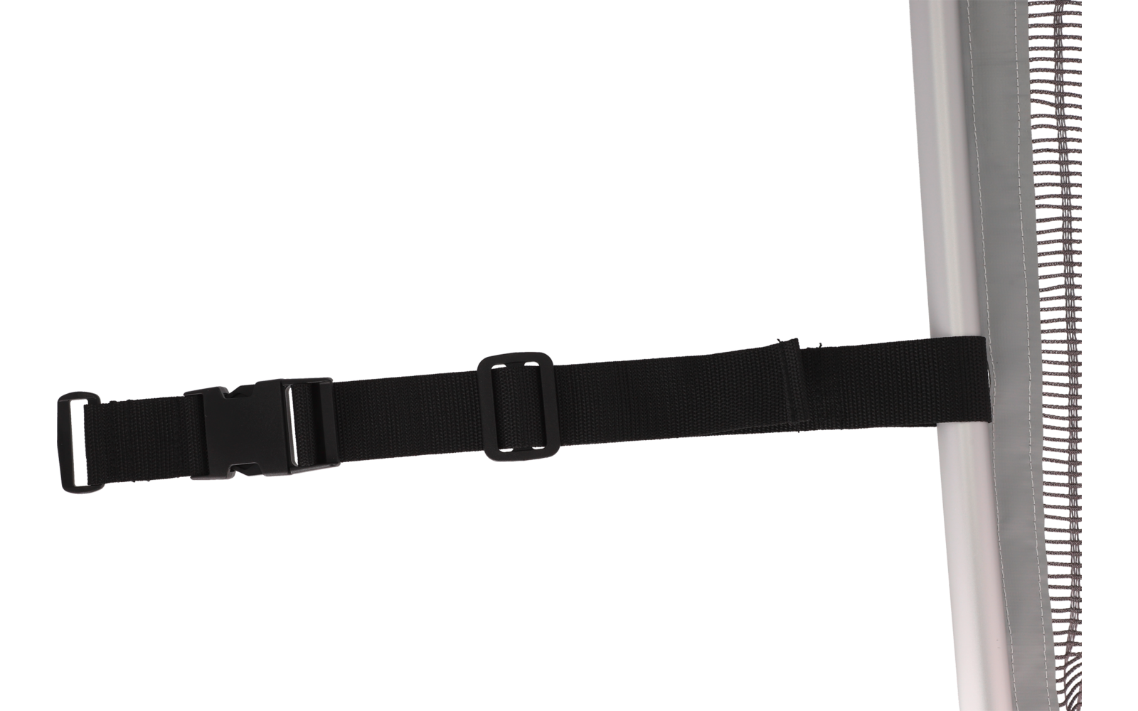 Sangle noire réglable avec boucle en plastique, fixée à un tube métallique argenté