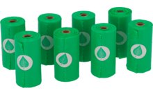 Zehn grüne Kunststoffrollen mit einem weißen Tropfen-Symbol, angeordnet in zwei Reihen
