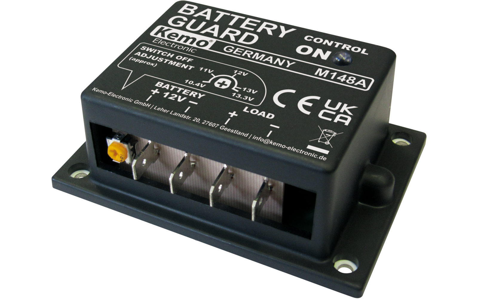 Schwarzes rechteckiges Elektronikgehäuse mit weißer Aufschrift "BATTERY GUARD", Metallanschlussklemmen, gelbem Einstellrädchen und Montageöffnungen