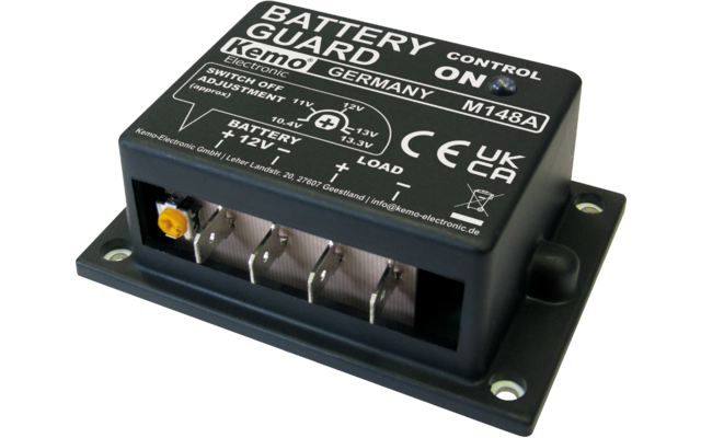 Schwarzes rechteckiges Elektronikgehäuse mit weißer Aufschrift "BATTERY GUARD", Metallanschlussklemmen, gelbem Einstellrädchen und Montageöffnungen