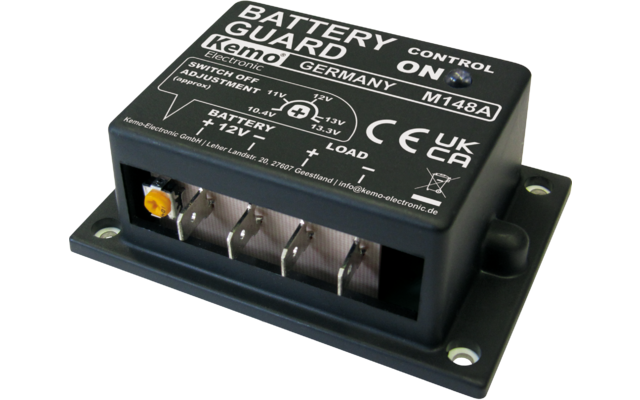 Boîtier électronique noir rectangulaire avec inscription blanche "BATTERY GUARD", bornes métalliques, vis de réglage jaune et trous de fixation