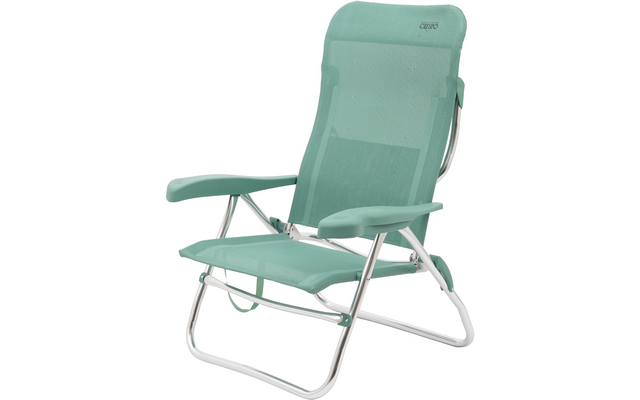 Türkisfarbener, klappbarer Liegestuhl mit Metallrahmen, Netzbespannung, Armlehnen und verstellbarer Rückenlehne
