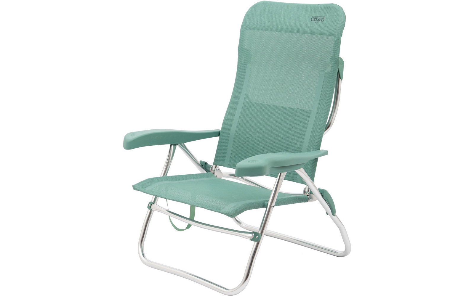 Türkisfarbener, klappbarer Liegestuhl mit Metallrahmen, Netzbespannung, Armlehnen und verstellbarer Rückenlehne