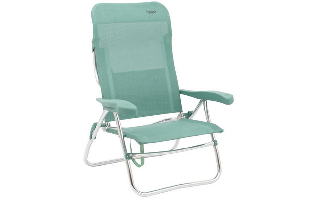 Klappbarer Liegestuhl mit mintgrünem Netzbezug, gepolsterten Armlehnen und weißem Metallgestell