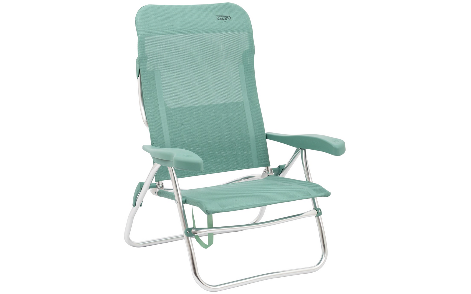 Klappbarer Liegestuhl mit mintgrünem Netzbezug, gepolsterten Armlehnen und weißem Metallgestell