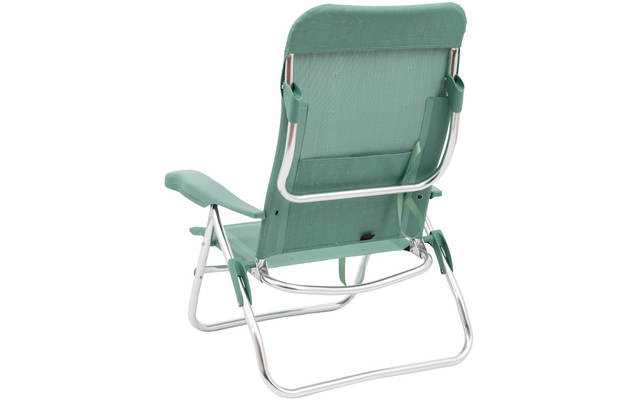 Grüner Stuhl mit Stoffrücken und silbernem Metallgestell, Rückansicht, Armlehnen