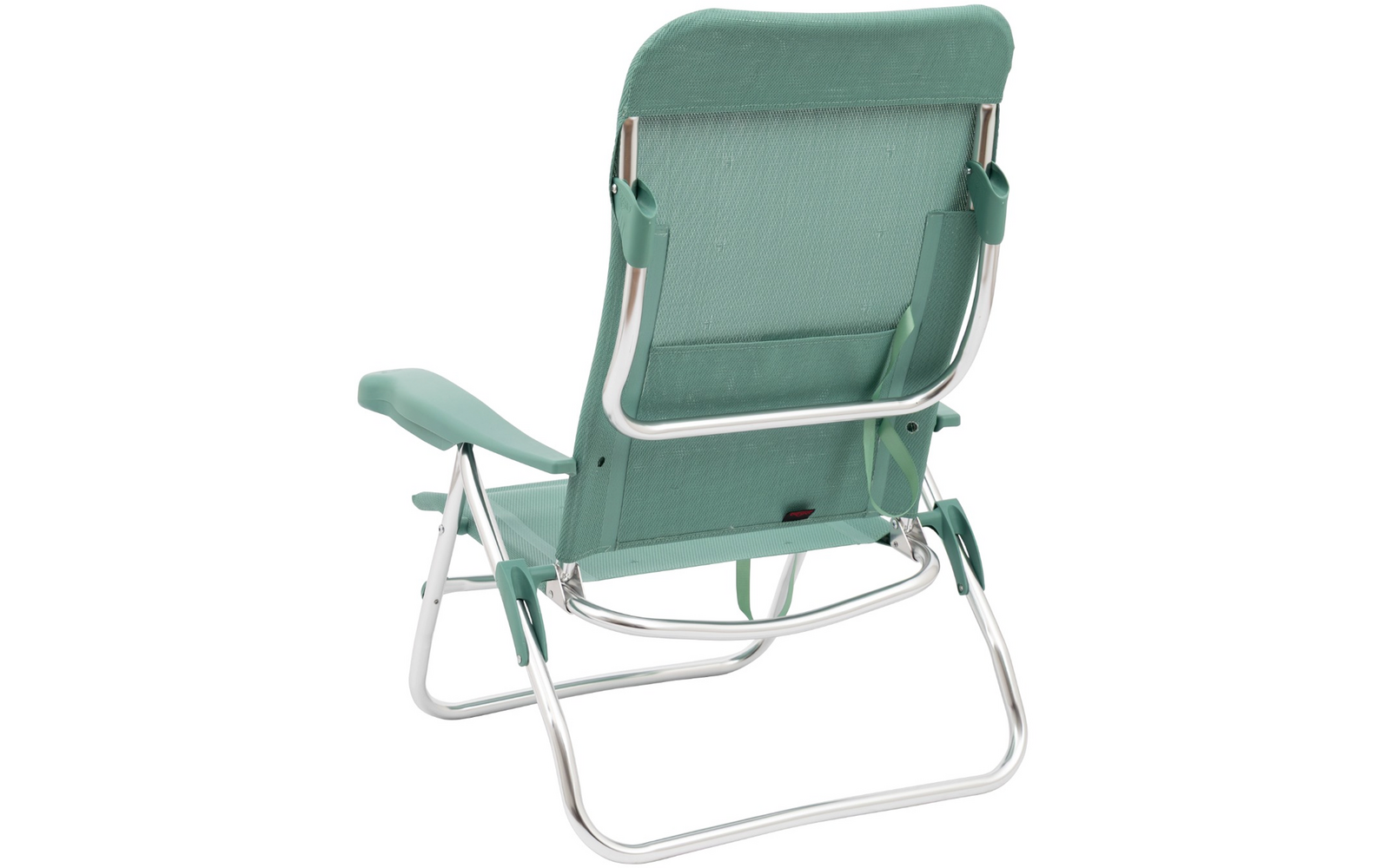 Grüner Stuhl mit Stoffrücken und silbernem Metallgestell, Rückansicht, Armlehnen