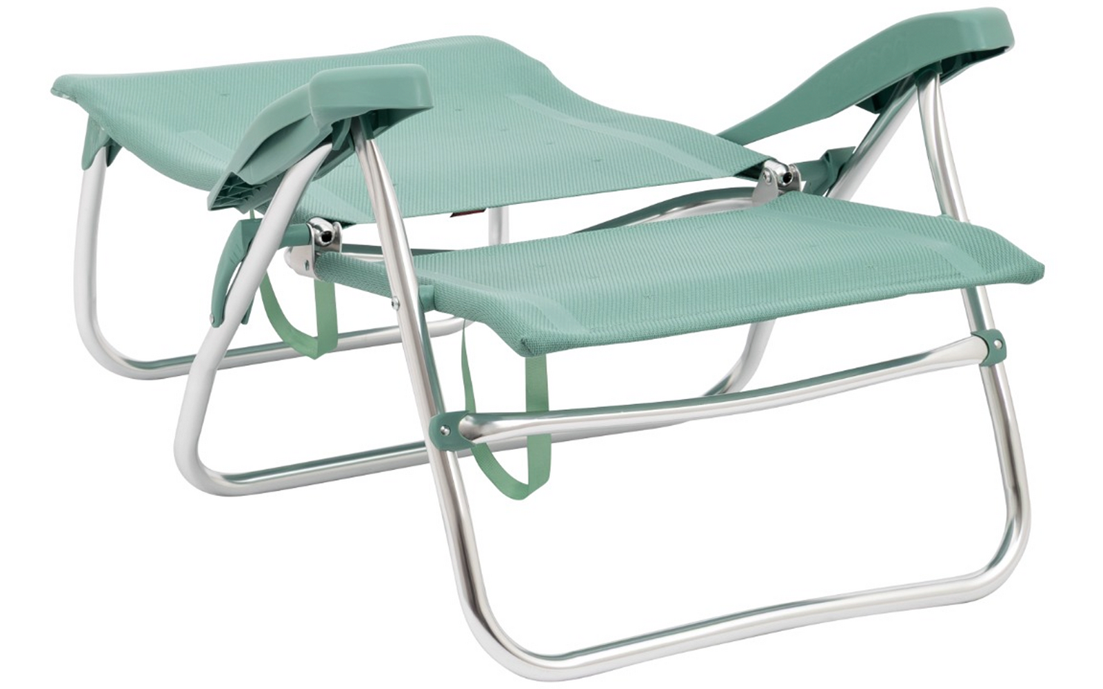 Zwei türkisfarbene Liegestühle mit silbernem Metallgestell, hintereinander angeordnet