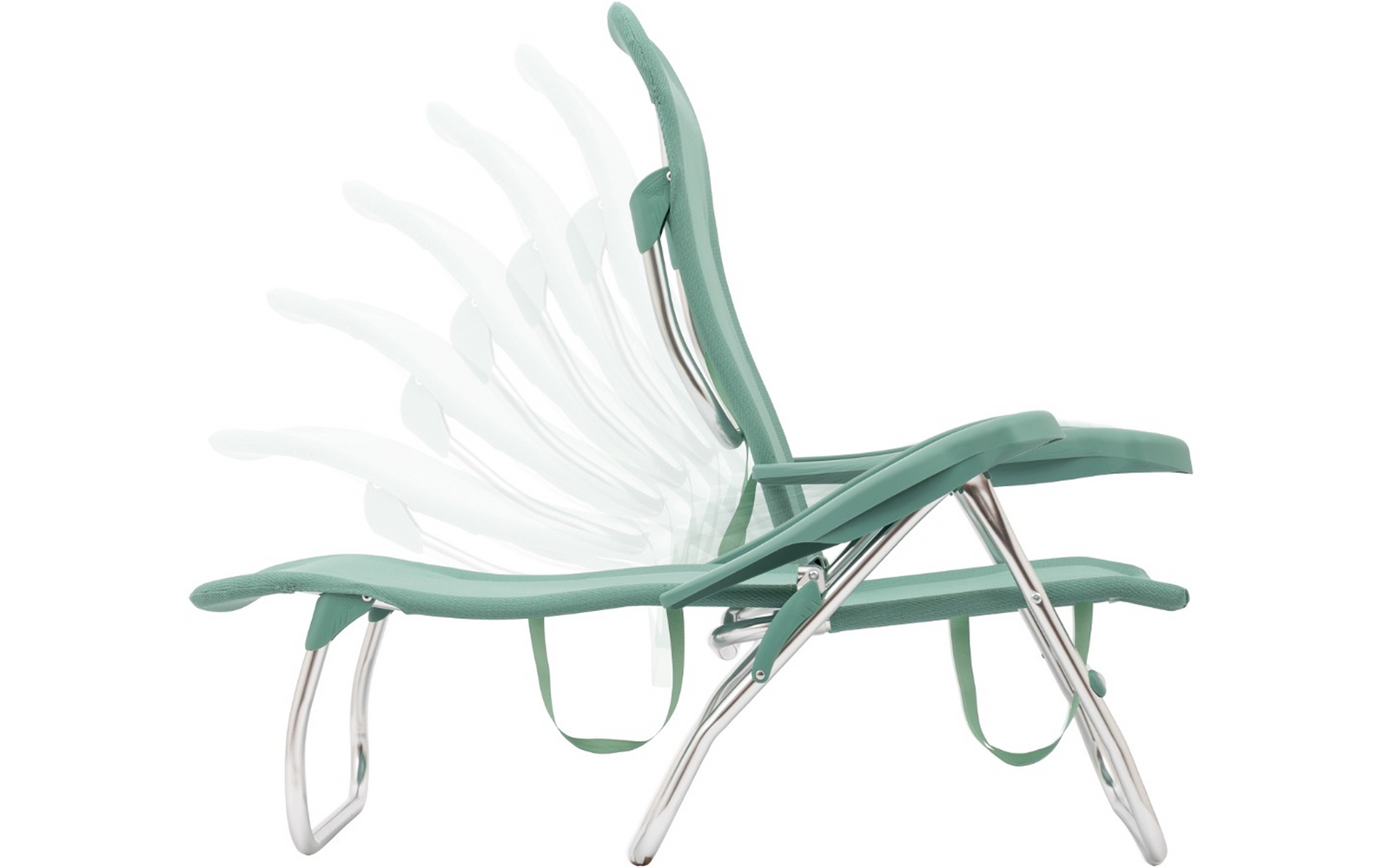 Grüner Liegestuhl mit verchromtem Metallgestell, Rückenlehne in mehreren halbtransparenten Positionen überlagert, grüne Gurte unter der Sitzfläche
