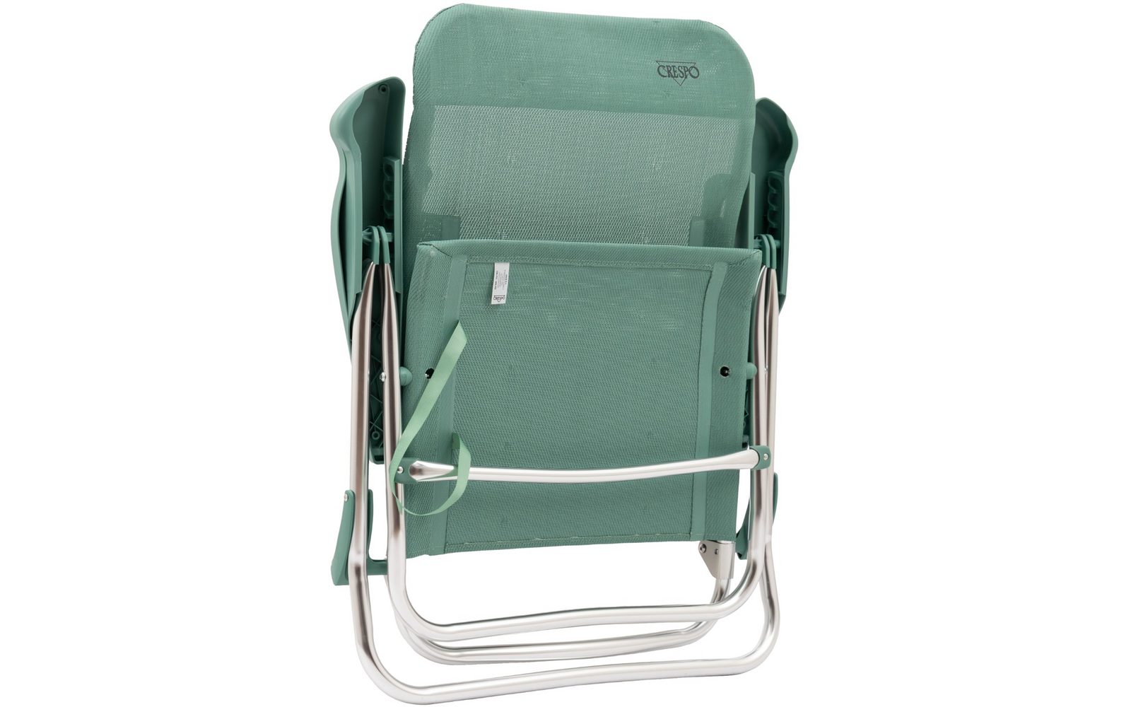 Gefalteter mintgrüner Klappstuhl mit silbernem Metallgestell, Stoffbespannung und Tragegurt