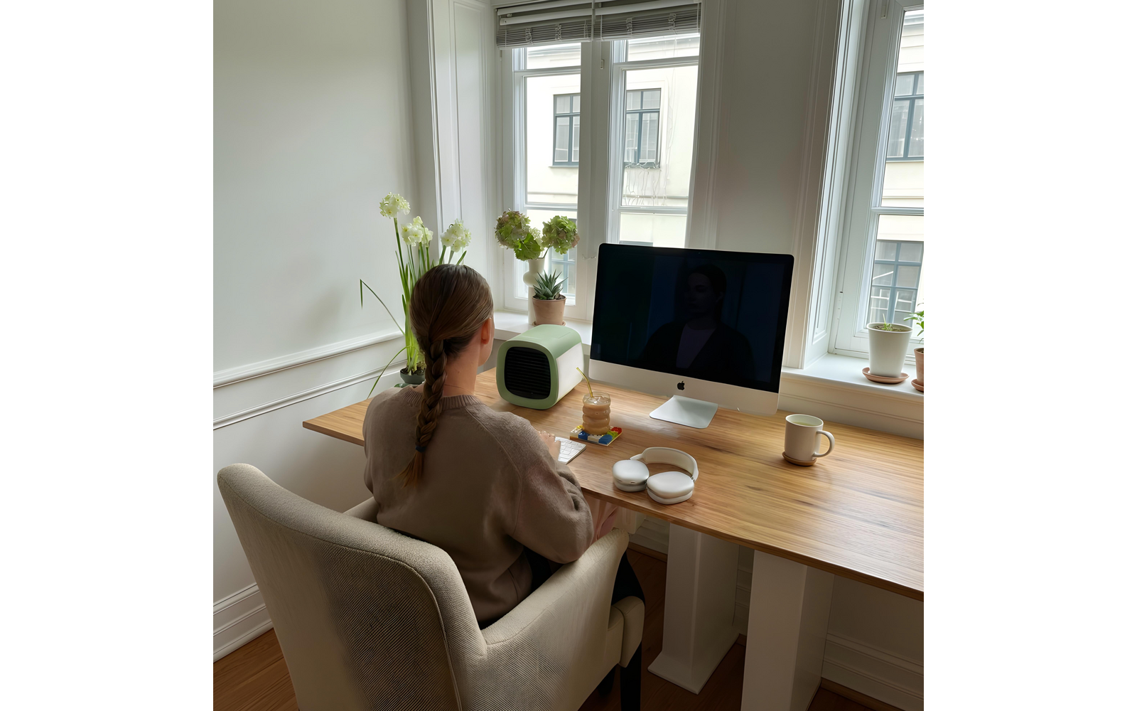 Person mit geflochtenem Haar sitzt in einem Sessel an einem Holztisch vor einem Computerbildschirm, Fenster im Hintergrund, mehrere Topfpflanzen, kleines grünes Gerät, Kaffeetasse und Glas mit Strohhalm auf dem Tisch